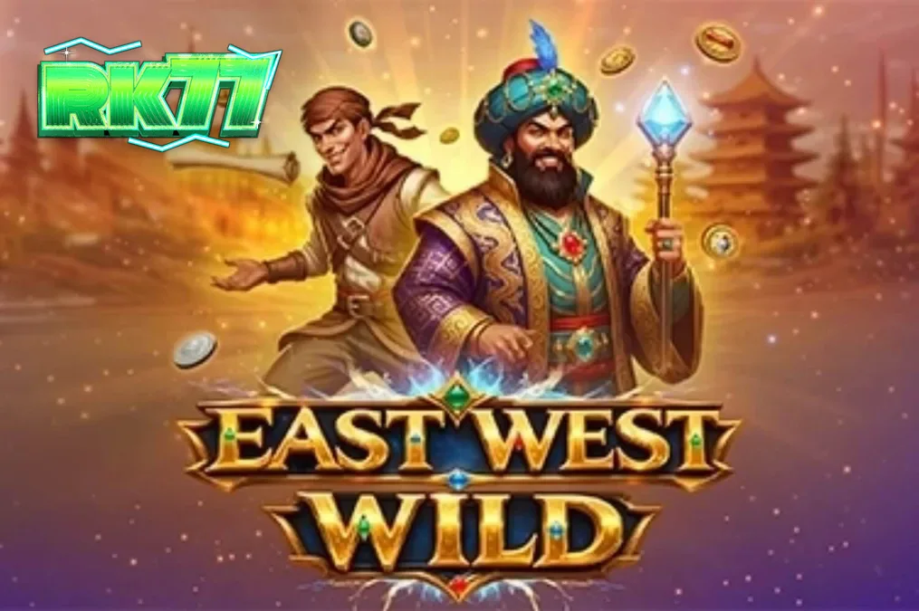Tampilan visual slot East West Wild dengan tema Jalur Sutra dan simbol emas.